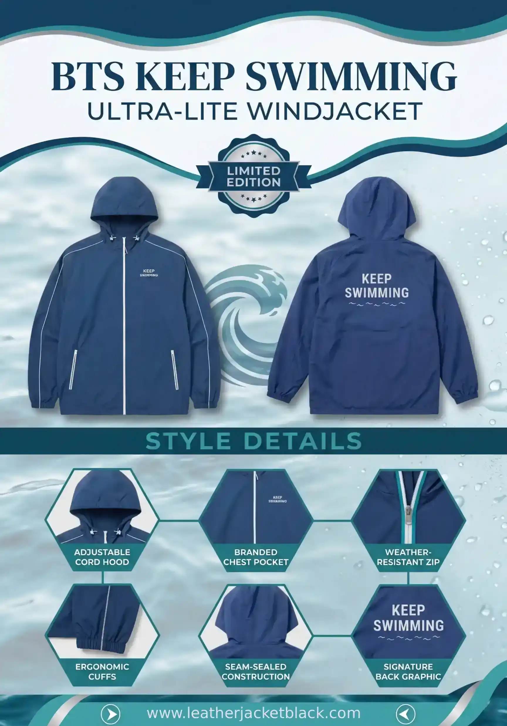 BTS Keep Swimming Jacket in blue infographic