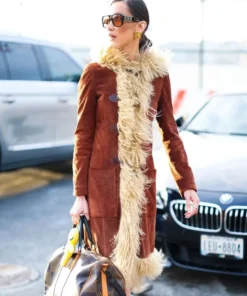 Bella Hadid NYC Brown Shearling Coat