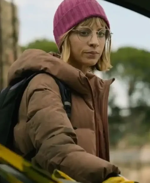 Berlin 2024 Michelle Jenner Pink Puffer Jacket For Sale