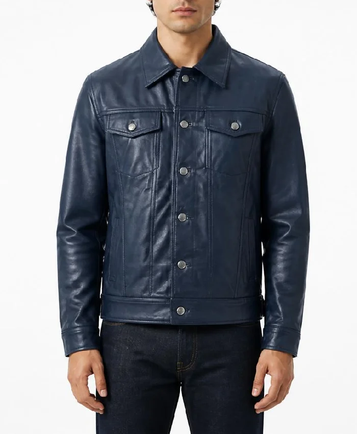 Blue Leather Jacket For Mens
