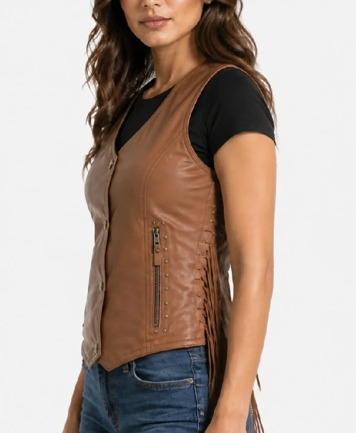 Brown Fringe Leather Vest For Women
