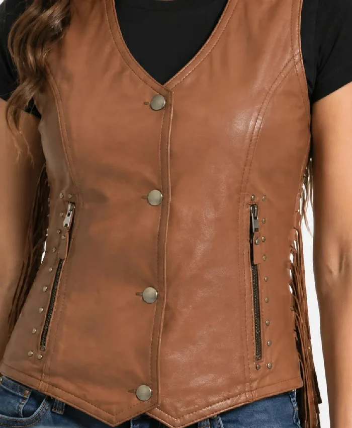 Brown Fringe Leather Vest For Womens