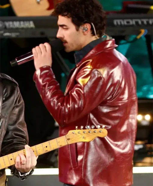 Buy Dick Clark’s New Year’s Rockin’ Eve with Ryan Seacrest Joe Jonas Burgundy Leather Jacket For Unisex