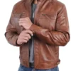 Buy Now Cafe Racer Brown Quilted Cognac Leather Jacket For Men And Women