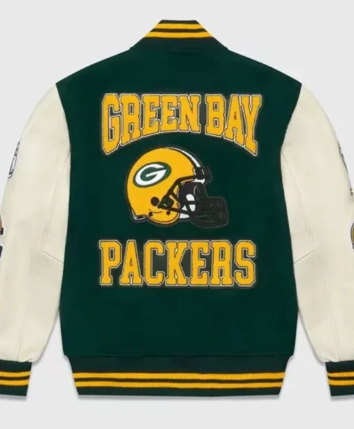 Buy Now OVO Green Bay Packers Green And White Letterman Varsity Jacket For Unisex