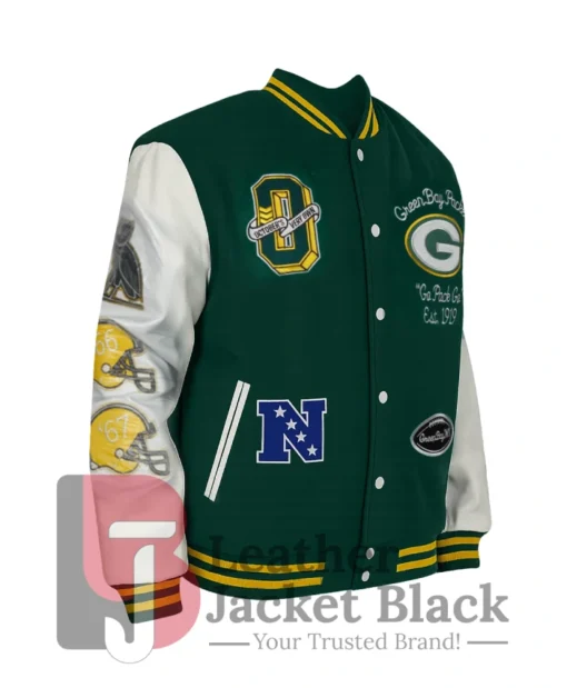 Buy Now Unisex OVO Green Bay Packers Green And White Letterman Varsity Jacket