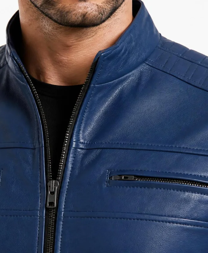 Cafe Racer Blue Leather Jacket For mens