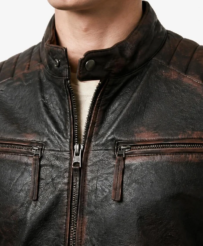 Cafe Racer Distressed Brown Leather Jacket For Mens