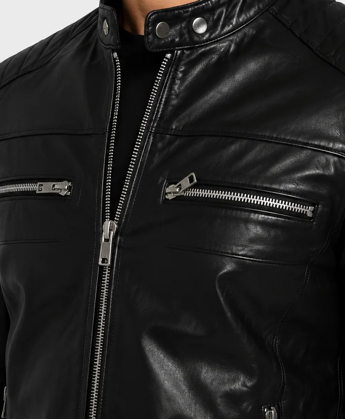 Cafe Racer Motorcycle Quilted Leather Jacket Close Up