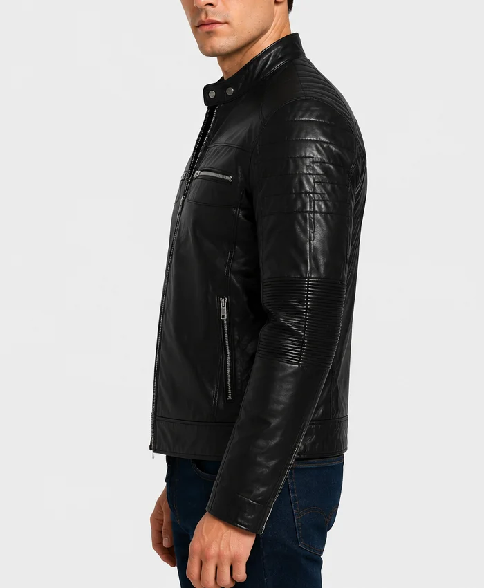 Cafe Racer Motorcycle Quilted Leather Jacket Side Pose