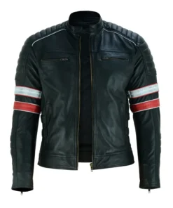 Cafe Racer Motorcycle Striped Black Leather Jacket
