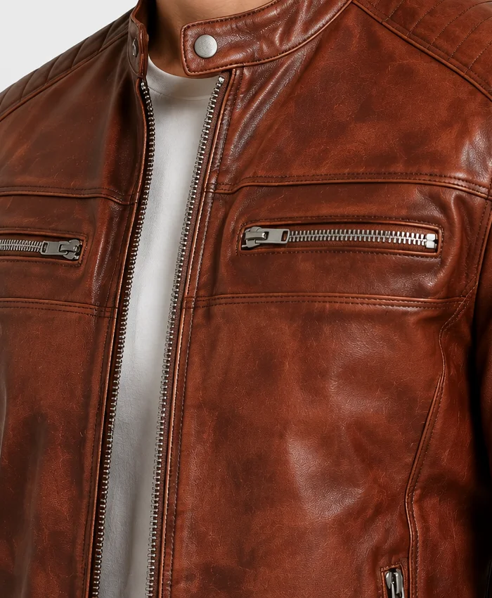 Cafe Racer Quilted Brown Motorcycle Leather Jacket For Mens