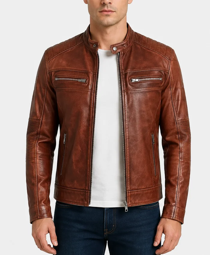Cafe Racer Quilted Motorcycle Leather Brown Jacket
