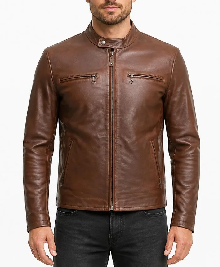 Cafe Racer Tone Brown Leather Jacket Mens