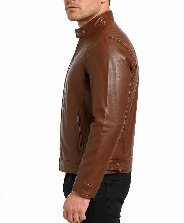 Men Cafe Racer Brown Quilted Cognac Leather Jacket