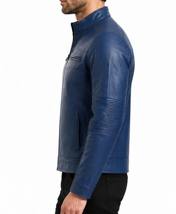 Mens Cafe Racer Blue Leather Jacket