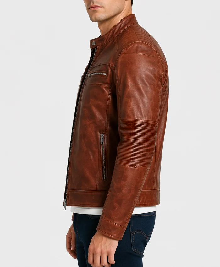 Mens Cafe Racer Quilted Brown Motorcycle Leather Jacket