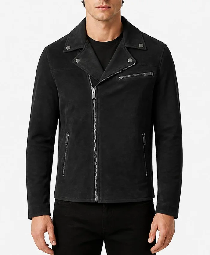 Mens Suede Motorcycle Biker Black Leather Jacket