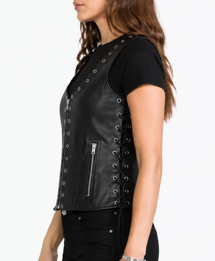 Motorcycle Black Leather Vest For Women