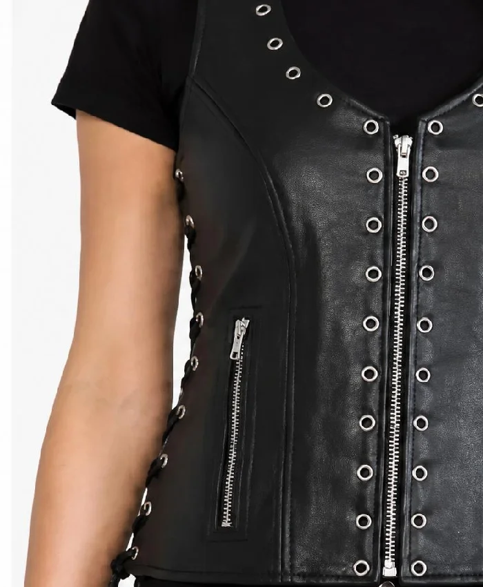 Motorcycle Black Leather Vest For Womens