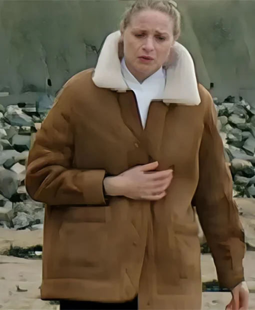Playing Nice 2025 Niamh Algar Camel Suede Leather Coat