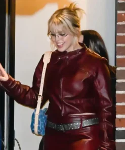Renee Rapp Mean Girls Press Tour Red Crop Real Leather Jacket On Sale