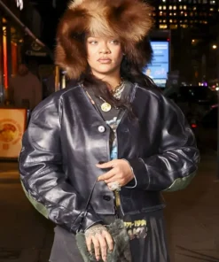Rihanna Nyc Cropped Black Leather Jacket