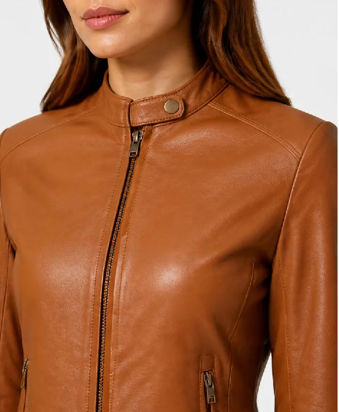 Stylish Biker Brown Leather Jacket For Womens