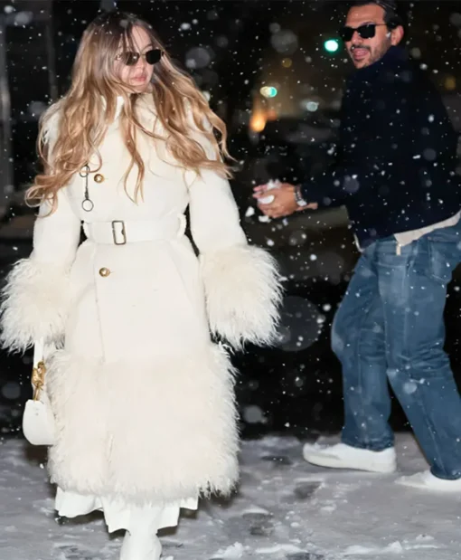 Sydney Sweeney Fur-Trimmed Burberry White Coat