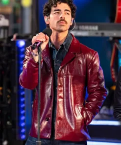Times Square Performance Joe Jonas Burgundy Leather Jacket