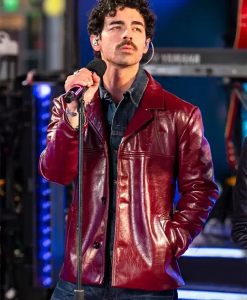 Times Square Performance Joe Jonas Burgundy Leather Jacket