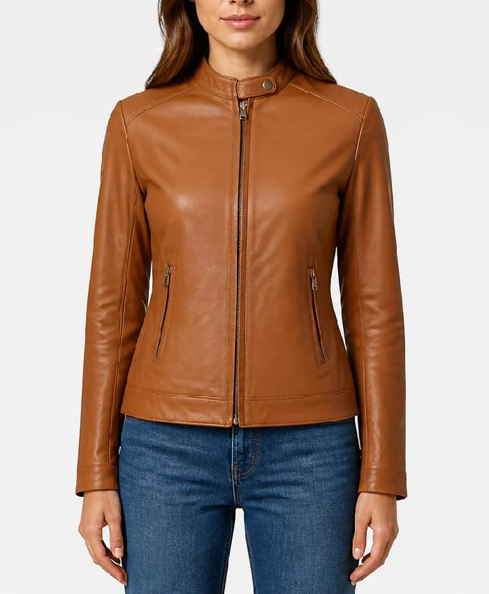 Womens Stylish Biker Brown Leather Jacket