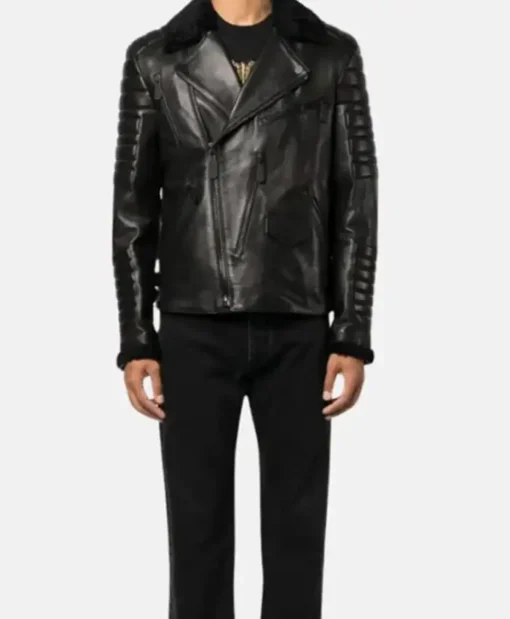 Black Leather Shearling Biker Jacket For Sale