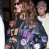 Buy Now Hailey Bieber New York Knicks Black Leather Bomber Jacket For Unisex