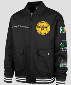 Buy Now Stoney Clover Lane X ’47 Super Bowl LIX Showstopper Homestead Black Bomber Jacket For Unisex