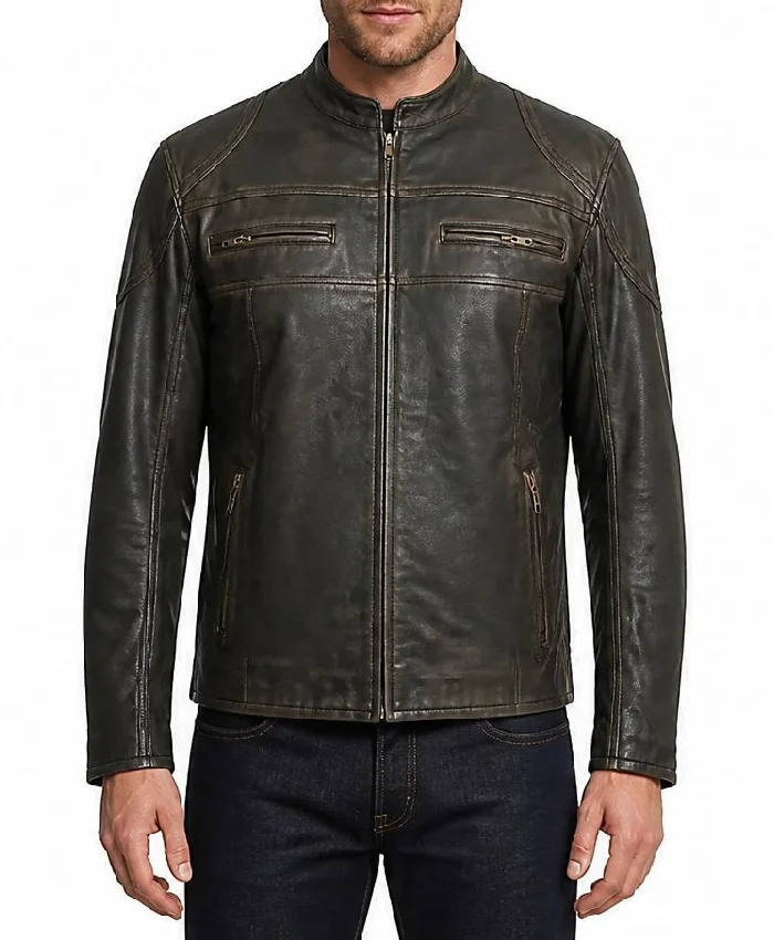 David Distressed Leather Motorcycle Jacket For Mens