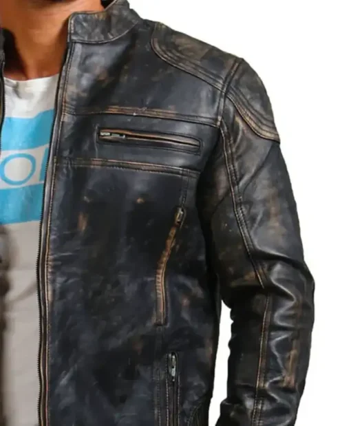 Mens David Distressed Leather Motorcycle Black Jacket