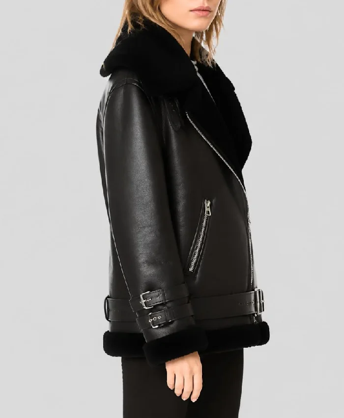 Mia Black Shearling Leather Jacket Womens