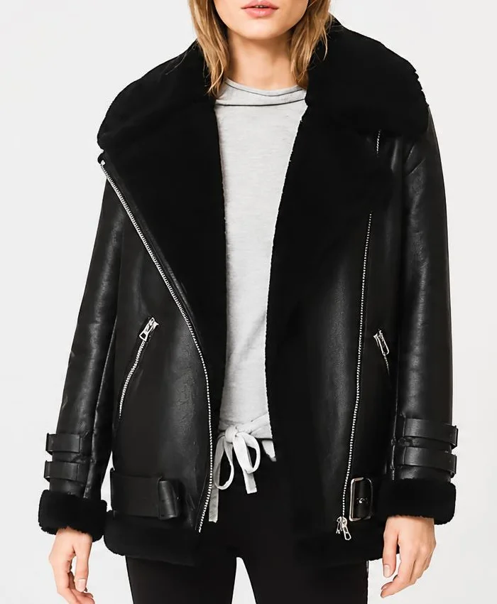 Mia Black Shearling Leather Jacket Womens