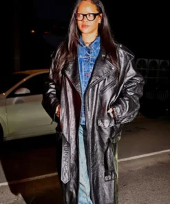 Rihanna 2025 Los Angeles Black Leather Coat