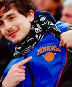 Timothée Chalamet New York Knicks Blue and Black Leather Jacket