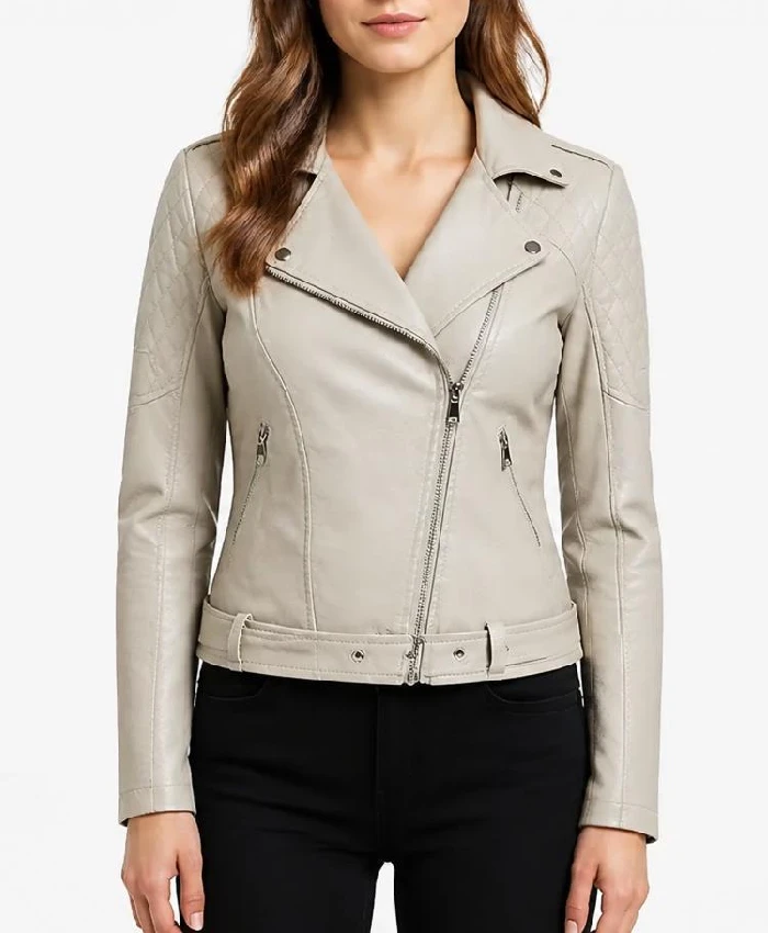 Womens Cafe Racer Motorcycle Beige Leather Jacket