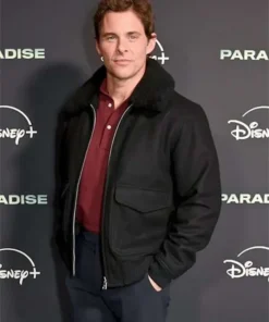 Buy Now Cal Bradford Movie Paradise 2025 James Marsden Event Black Fur Bomber Jacket For Unisex