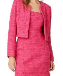 Buy Now Senator Margery TV-Series The Residence 2025 Eliza Coupe Pink Tweed Collarless Crop Jacket For Unisex