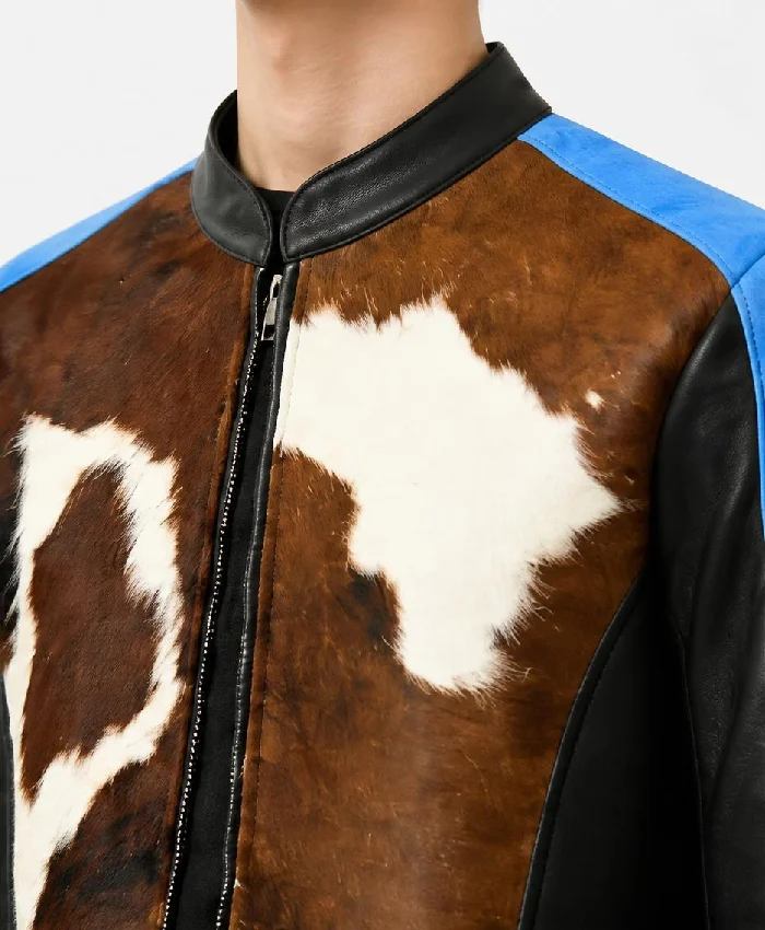 Cowhide Blue Dyed Calf Hair Jacket For Men