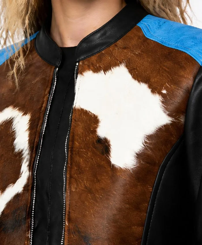 Cowhide Blue Dyed Calf Hair Jacket For Women
