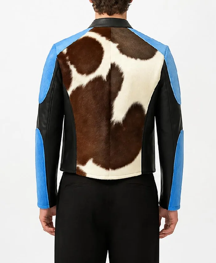 Men Cowhide Blue Dyed Calf Hair Jacket