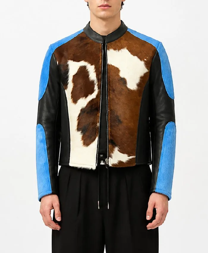 Mens Cowhide Blue Dyed Calf Hair Jacket