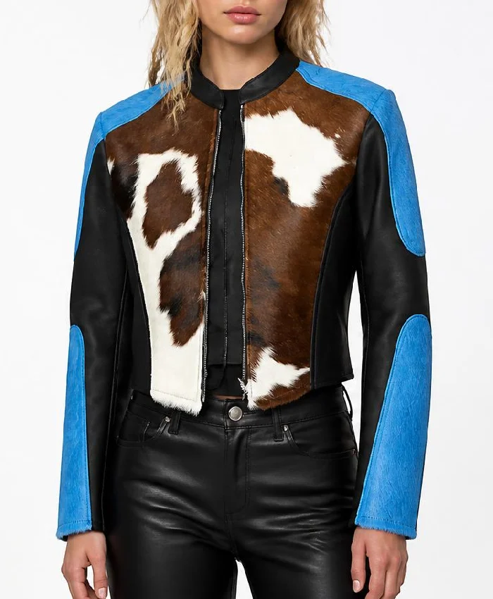 Womens Cowhide Blue Dyed Calf Hair Jacket