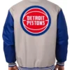 Buy Now Detroit Pistons Gray And Blue Poly Varsity Jacket For Men And Women
